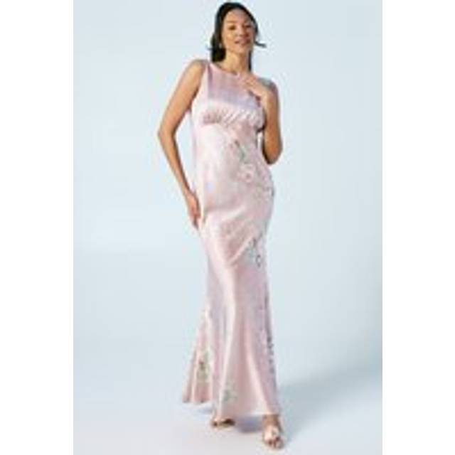 Trailing Blossom Printed Satin Cowl Back Bridesmaids Dress - Pink - 10