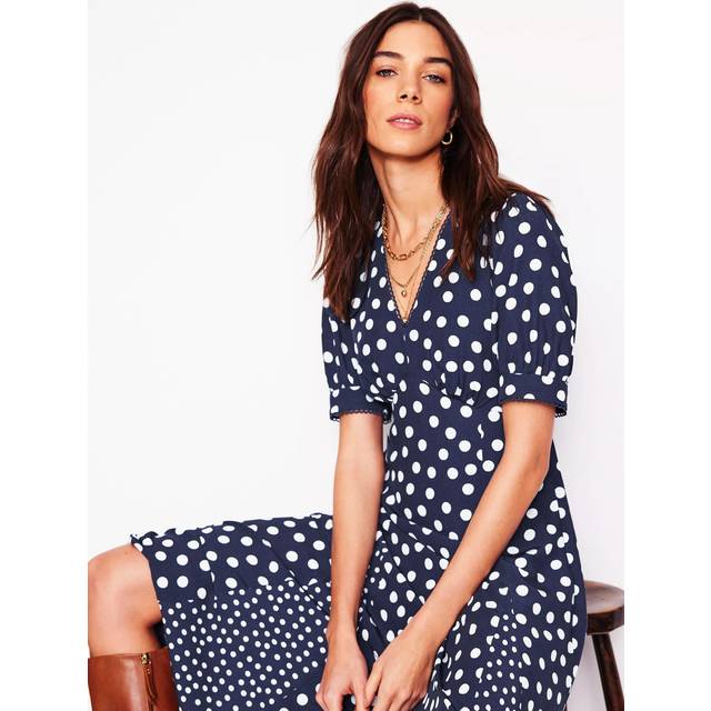Boden Rosie Spot Godet Tea Dress, Navy, Abstract Dot