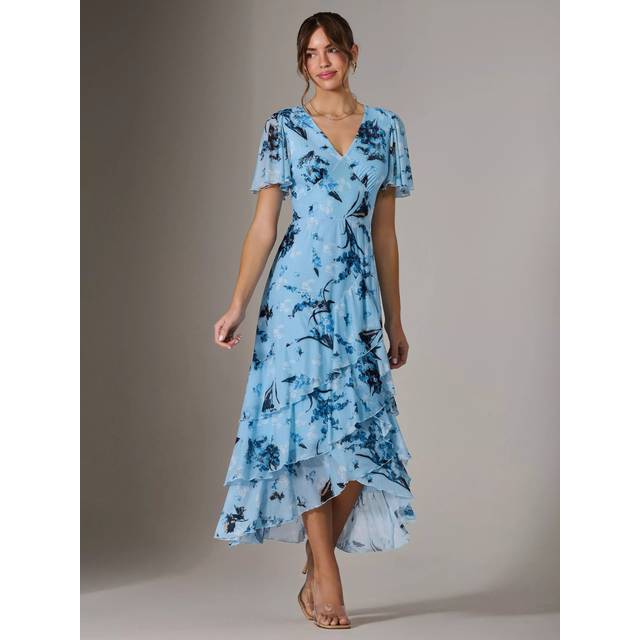 Jolie Moi Mesh Print Frill Hem Midaxi Dress In Baby Blue - 14