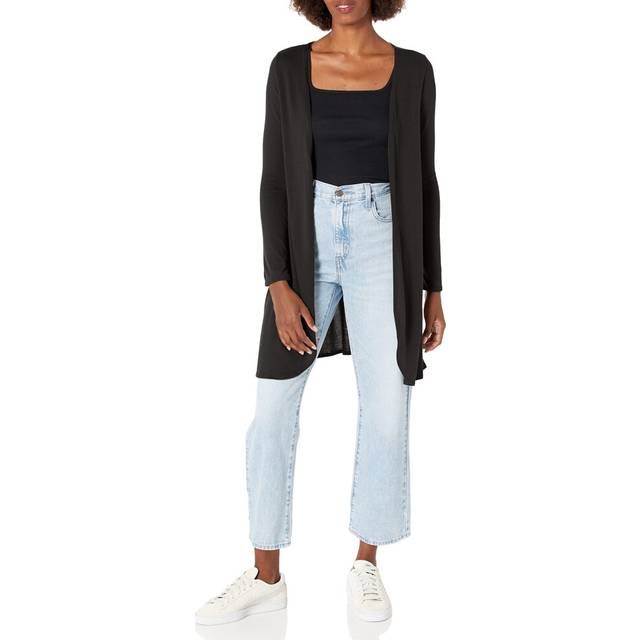 Star Vixen Women's Plus Size Petite Long Sleeve Lightweight Open Cardigan Sweater  Black Solid  1X
