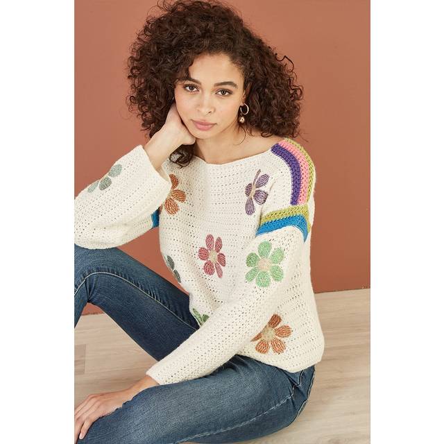 Yumi Women's Cream Floral Crochet Jumper New Look - L
