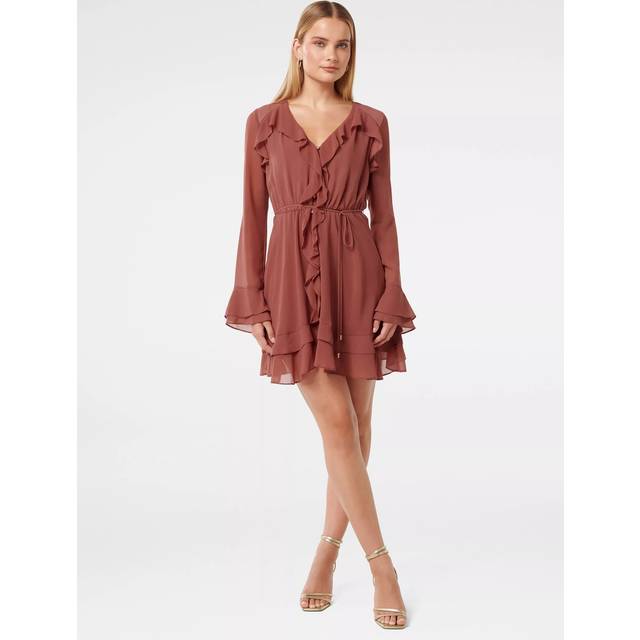 Forever New Piper Ruffle Long Sleeve Mini Dress, Dark Rose