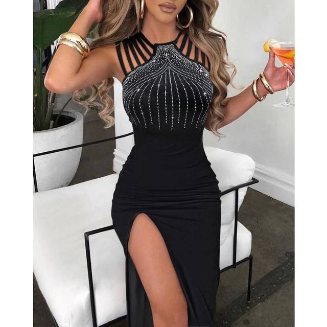 (Black, XXXL) Women's Temperament Hot Diamond Slit Hip-packing Dress Nightclub Dinner Dress