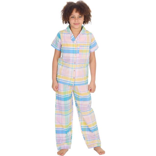 (Light Pink, 9-10 Years) Kids Girls Button Up Pyjama Short Sleeved Shirt & Long Pant Set 2-Piece Pj'S Size 9-13 Years