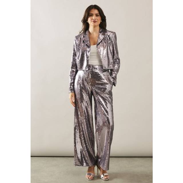 Womens Sequin Crop Blazer - Silver - 12