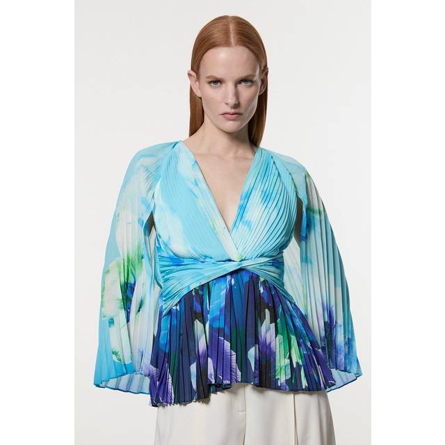 Ombre Floral Soft Pleated Woven Blouse With Cape - Blue