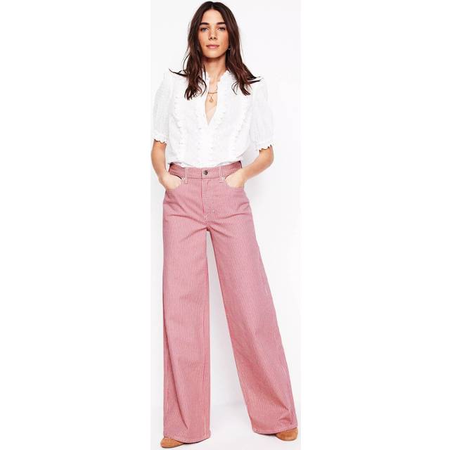 Boden High Rise Stripe Wide Leg Jeans, Pink/Multi