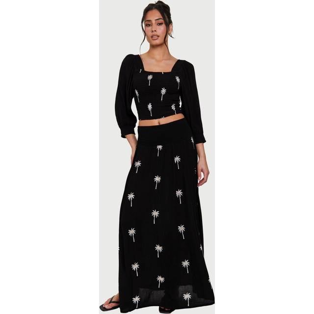 South Beach Embroidered Shirred Waist Maxi Skirt with Embroidered Sequin Palm Tree Details, Black/Multi
