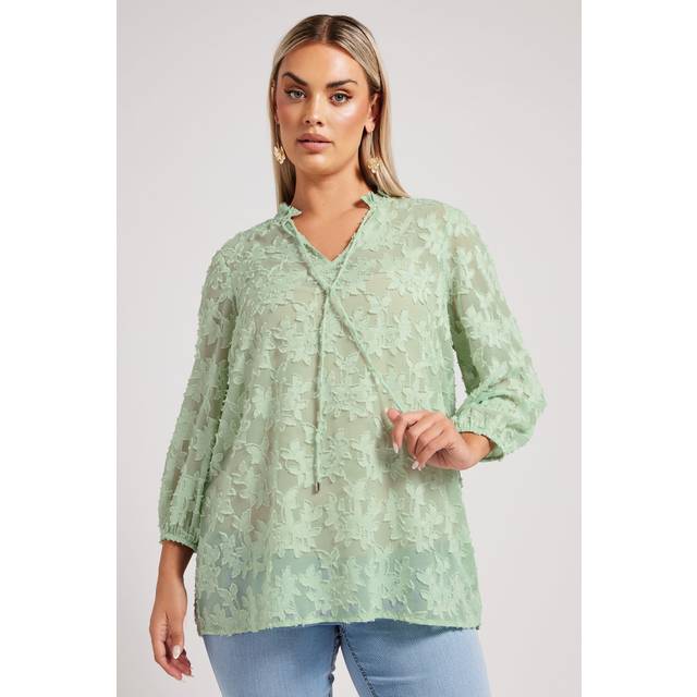 Yours London Curve Sage Green Floral Burnout Tie Neck Blouse, Women's Curve & Plus Size, Yours London - 20