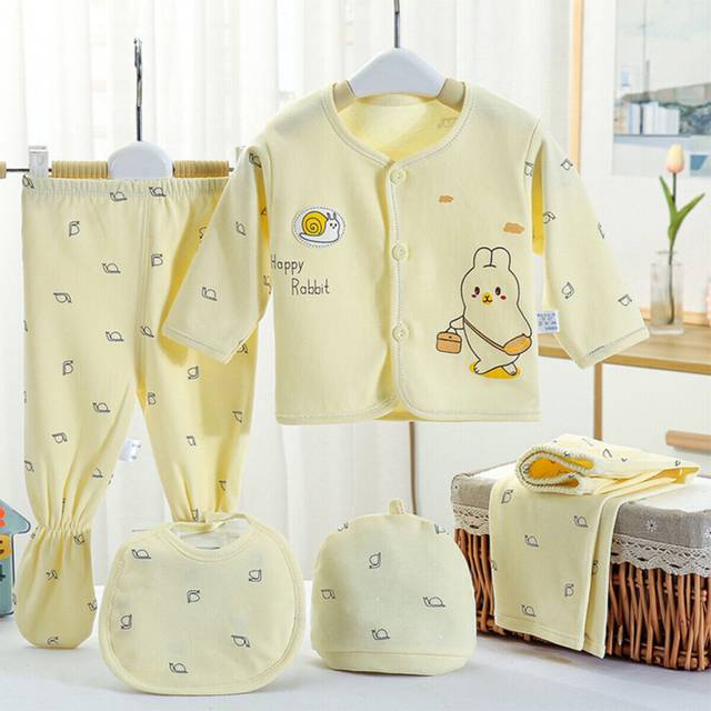 (Bunny Print Yellow) Newborn Baby Boy Girl Outfits Set Cartoon T-shirt Tops Pants Clothes 0-3 M 5pcs