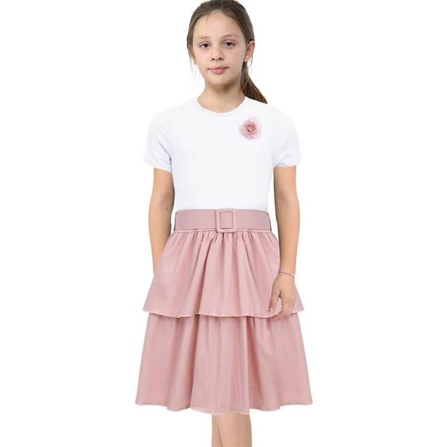 (9-10 Years, White & Baby Pink) Kids Girls Summer Dress Ruffle Party Dress 3-14 Yr