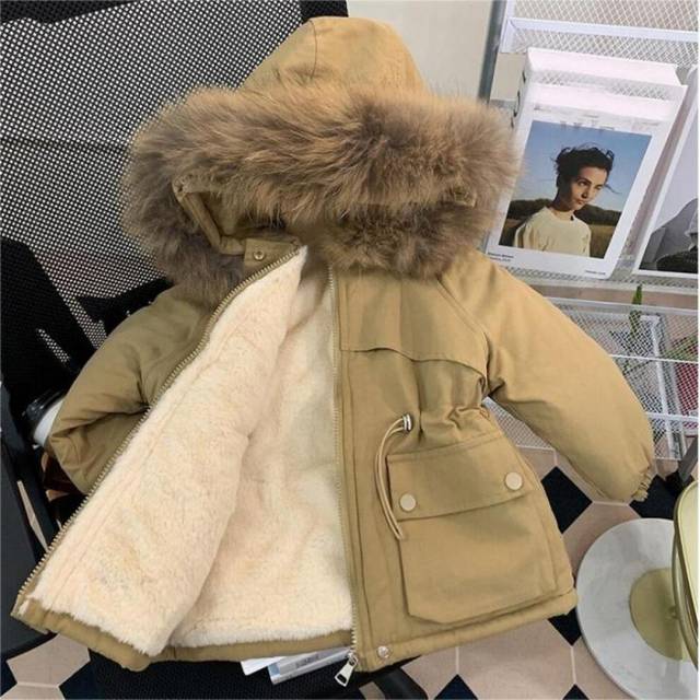 (beige, 100(18-24M)) Winter Girls&apos; Coat Thickened Plush Cotton Jacket Baby Boys Thickened Kids Down Jacket Parkas Hooded Kids Outerwear 2-10y
