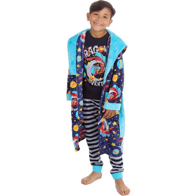 (Blue, 13 Years) Kids Boys 3-Piece Nightwear Set Dressing Gown Pyjama Top Bottoms Size 2-13 Years
