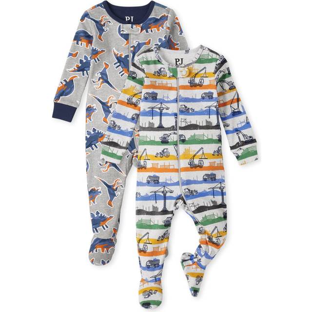 The Children's Place Baby 2 Pack and Toddler Boys Snug Fit 100% Cotton Zip-Front One Piece Footed Pajama 2-Pack  Dino/Construction  0-3 Months