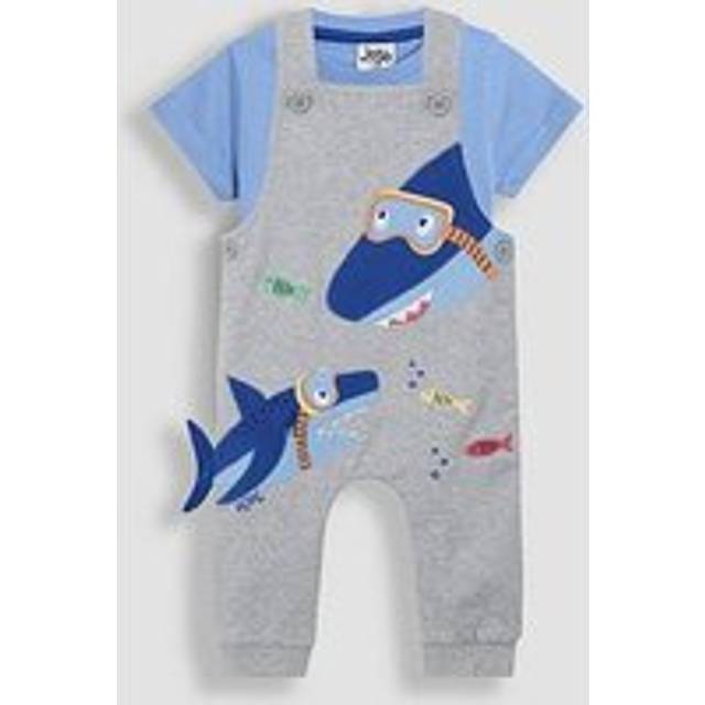 JoJo Maman Bébé Baby Cotton T-Shirt & Applique Shark Dungarees Set, Marl Grey