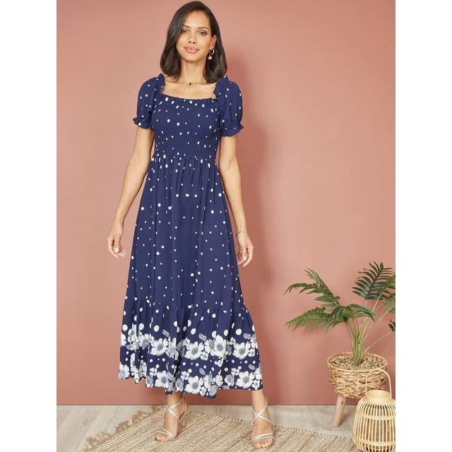 Yumi Women's Navy Floral Spot Print Shirred Bust Midi Dress New Look - UK 10