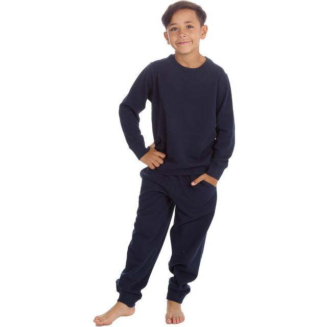 (Navy, 11-12 Years) Kids Boys Girls Plain Tracksuit Pullover Crew Neck Joggers Activewear Co-Ord Sport Set Size 7-13 Years