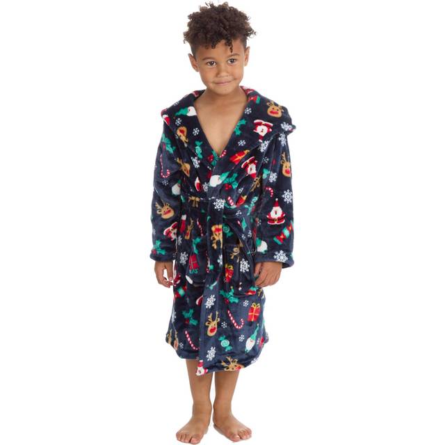 (Navy, 4-5 Years) Kids Boys Hooded Xmas Dressing Gown Christmas Printed Robe Plush Fleece Bathrobe Size 2-13 Years