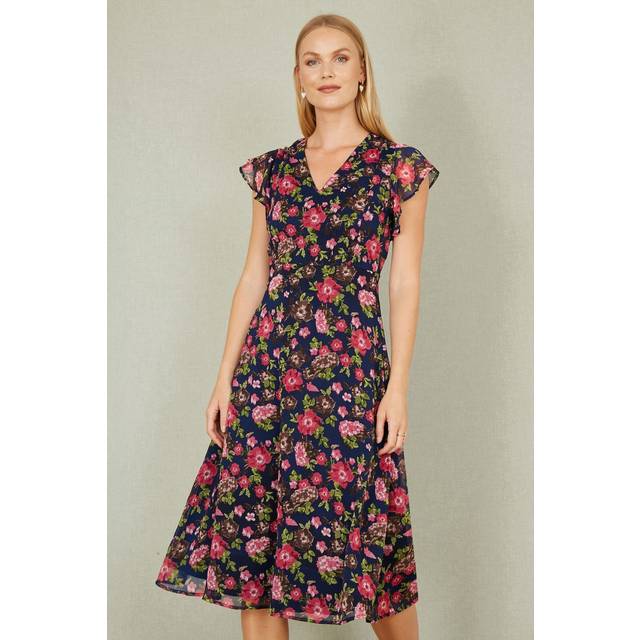 Yumi Navy Floral Midi Skater Dress - Size 12 UK - Yumi