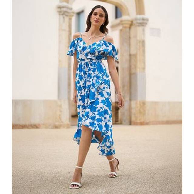Yumi Floral Print Bardot Midi Dress With Dip Hem In Blue - 14