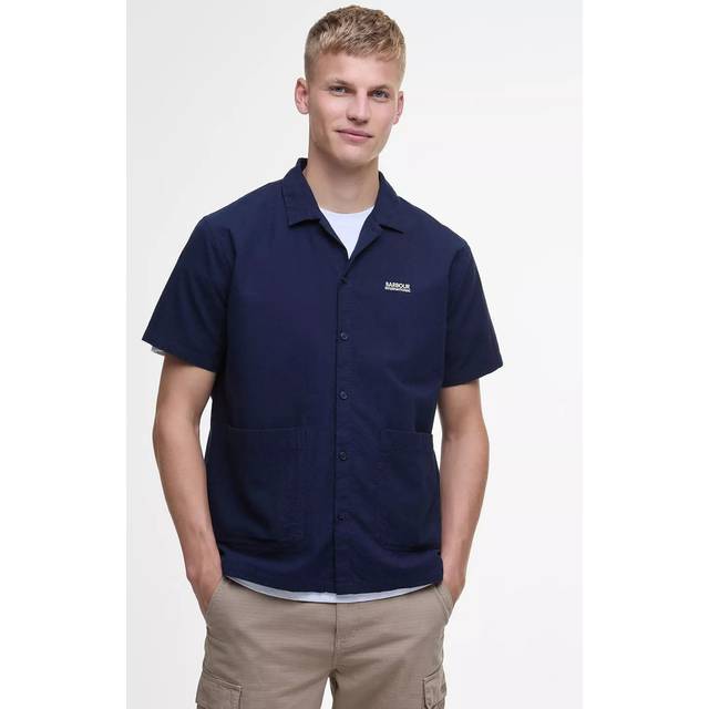 Barbour International Checkerboard Cotton Regular Fit Cuban Collar Shirt, Midnight Blue