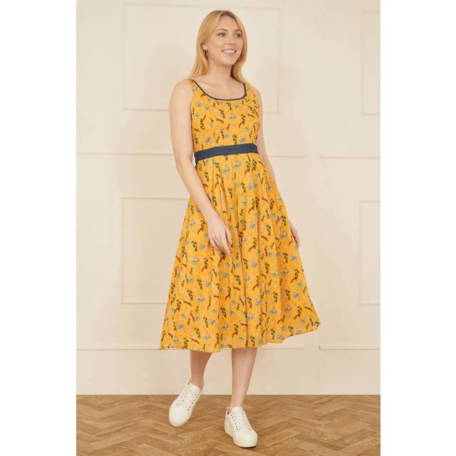Yumi Mustard Floral Skater Dress With Denim Trims - Size 10 UK - Yumi