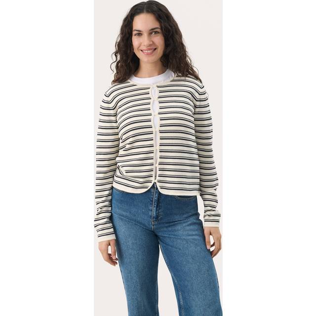 Part Two, Stickade tröjor & koftor, Dam, M, Navy Stripe Knit Sweater - white (M)