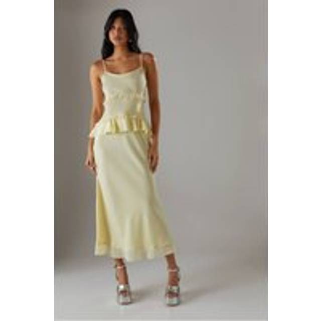 Womens Satin Strappy Seam Detail Peplum Midi Dress - Yellow - 16
