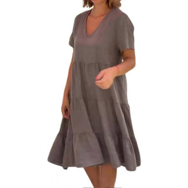 (XXXL, Coffee) 2023 Cotton Linen Beach Dress for Women | Loose-Fitting V-Neck Ruffled Hem & Solid Color | Ideal for Summer Clothing & Vestidos