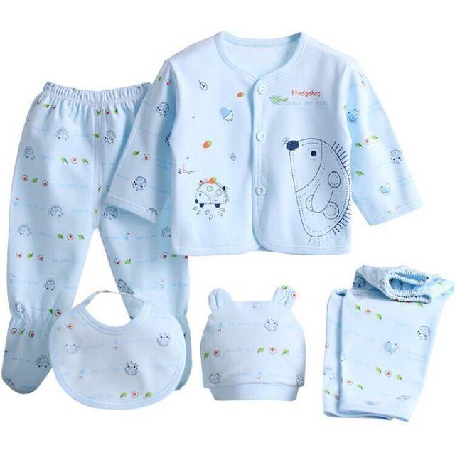 (Hedgehog Print Blue) Newborn Baby Boy Girl Outfits Set Cartoon T-shirt Tops Pants Clothes 0-3 M 5pcs