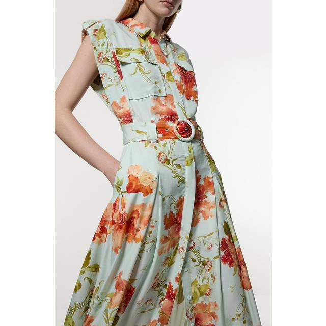Premium Viscose Linen Floral Belted Woven Midi Dress With Gold Hardware Detail - 6