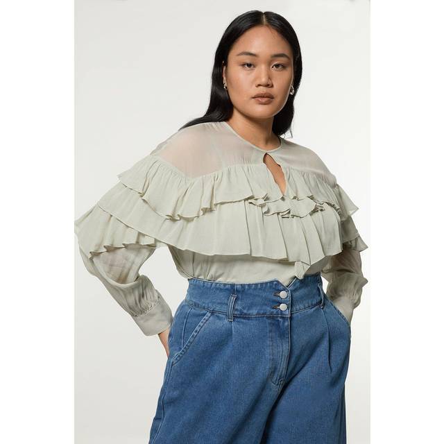 Plus Size Drama Ruffle Viscose Georgette Woven Blouse - Sage