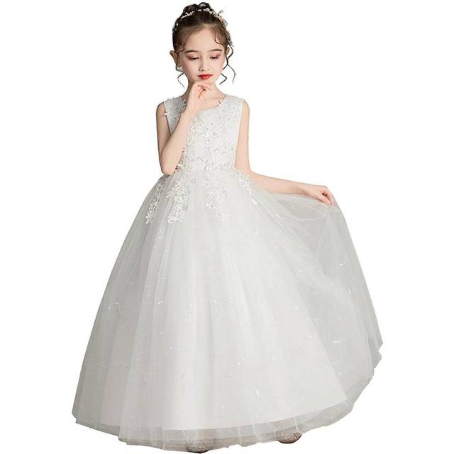 (160, White) Kids Lace Pageant Ball Gowns, Flower Girl Dress for Wedding, Princess Tutu Dress for Girls