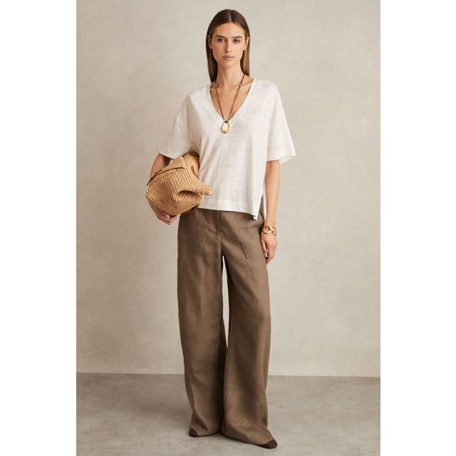 Reiss Ember Side Slit Pure Linen T-Shirt, White