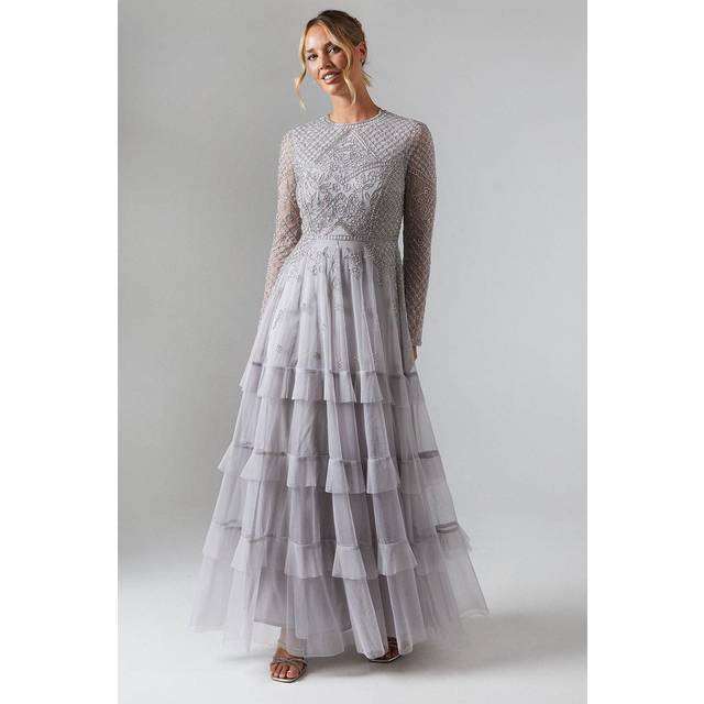 Embellished Artwork Long Sleeve Tiered Bridesmaids Maxi Dress - Grey Mist - 10