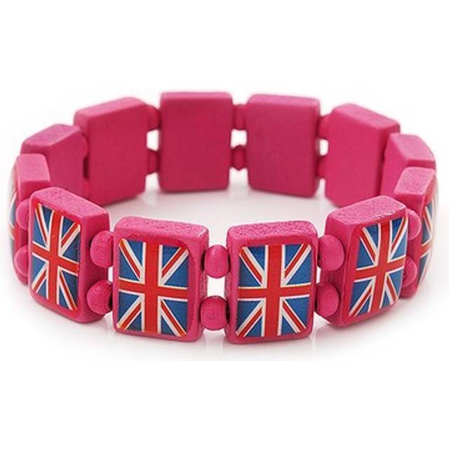 Uk british flag union jack pink stretch wooden bracelet - up to 20cm length
