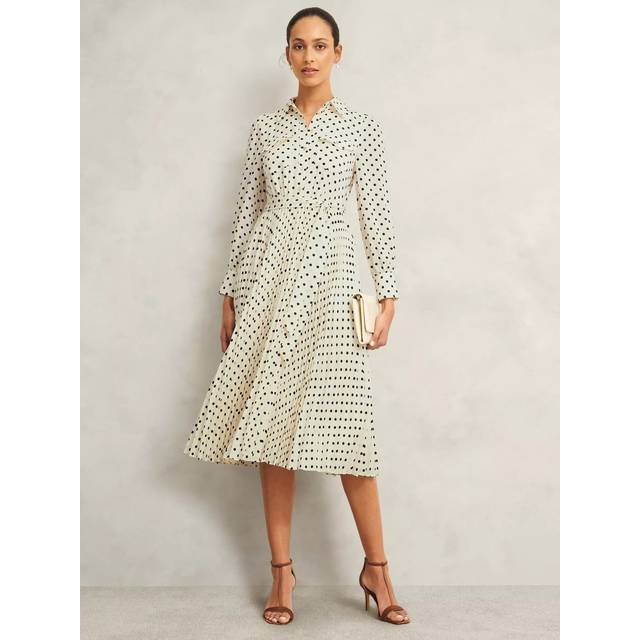 Hobbs Petite Larina Polka Dot Pleated Knee Length Shirt Dress, Ivory Navy