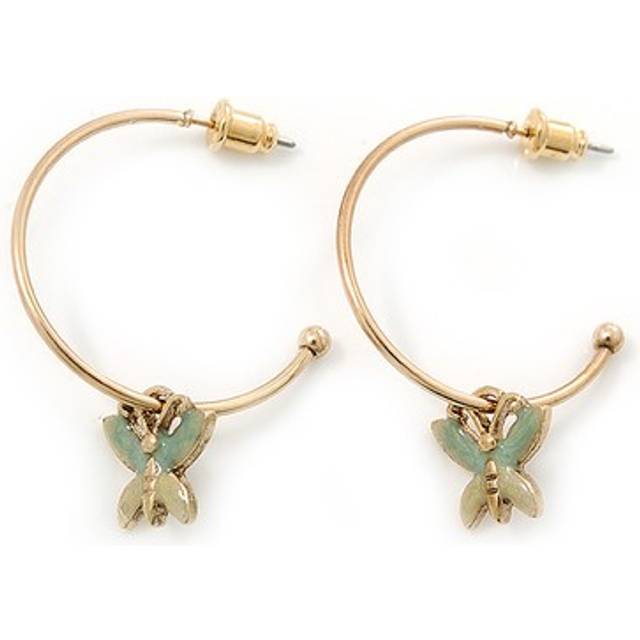 Medium thin gold tone hoop with butterfly drop earrings - 30mm diameter