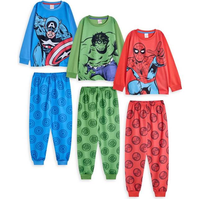 (6-7 Years, Multicoloured) Marvel Avengers Boys Spiderman, Hulk, Captain America Long-Sleeved Long Pyjama Set (Pack of 3)