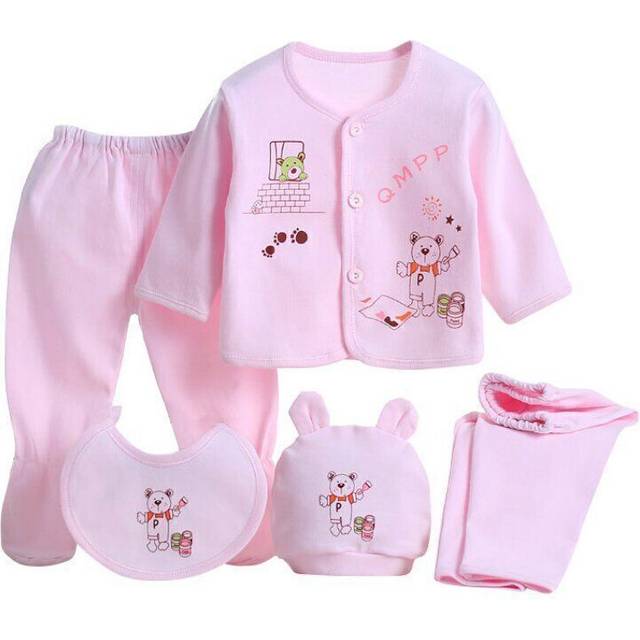 (Bear Print Pink) Newborn Baby Boy Girl Outfits Set Cartoon T-shirt Tops Pants Clothes 0-3 M 5pcs