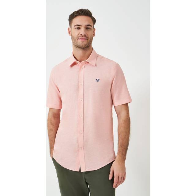 Crew Clothing Linen Blend Regular Fit Short Sleeve Shirt, Peach Pink