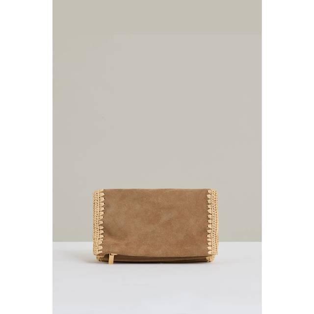 Reiss Emie Raffia Trim Suede Clutch Bag, Tan