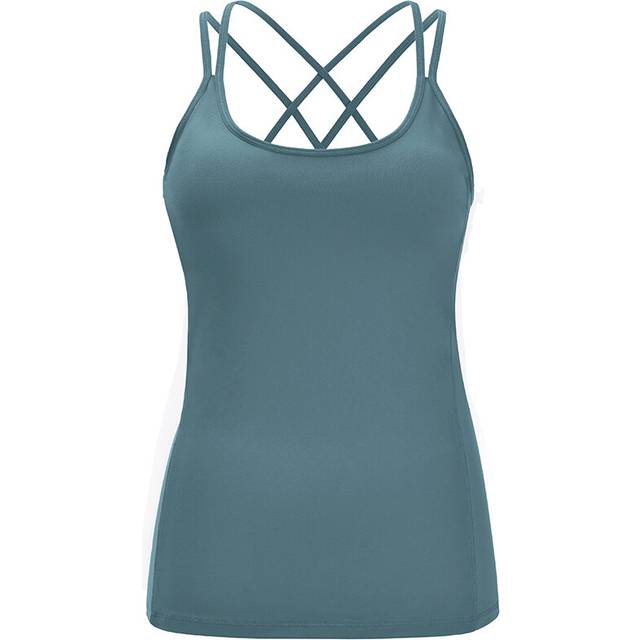 (XL, blue) Yoga Tank Top Women Running Built in Shelf Bra Sports Compression Strappy Back Activewear Fitness Sleeveless Workout Tops