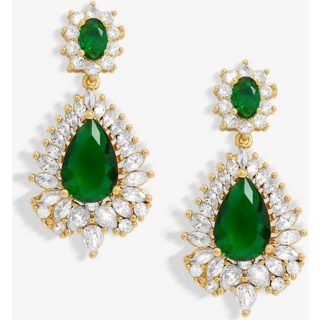 Gold Plated Cubic Zirconia And Emerald Statement Earrings - One Size