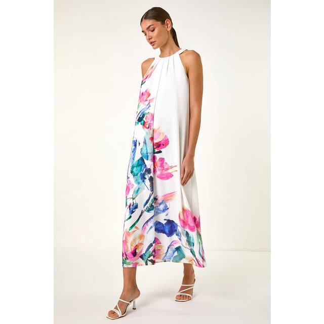 Roman Pink Floral Placement Halter Neck Midi Dress - Size 16