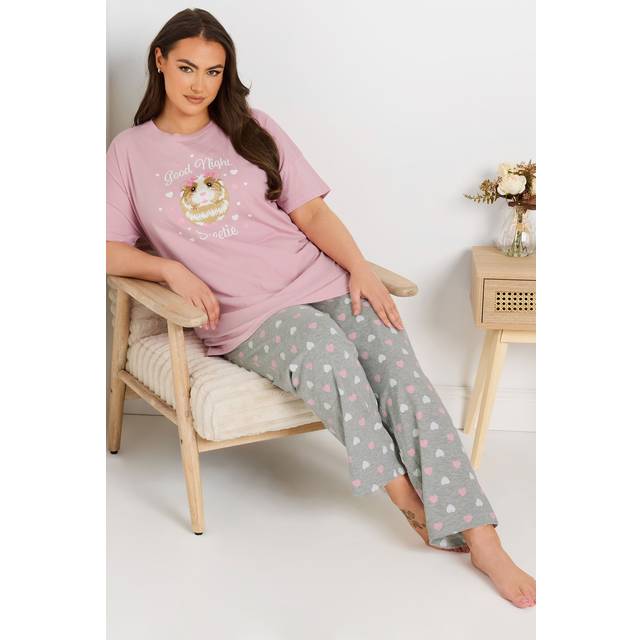 Yours Curve Pink Guinea Pig Wide Leg Pyjama Set - 30-32