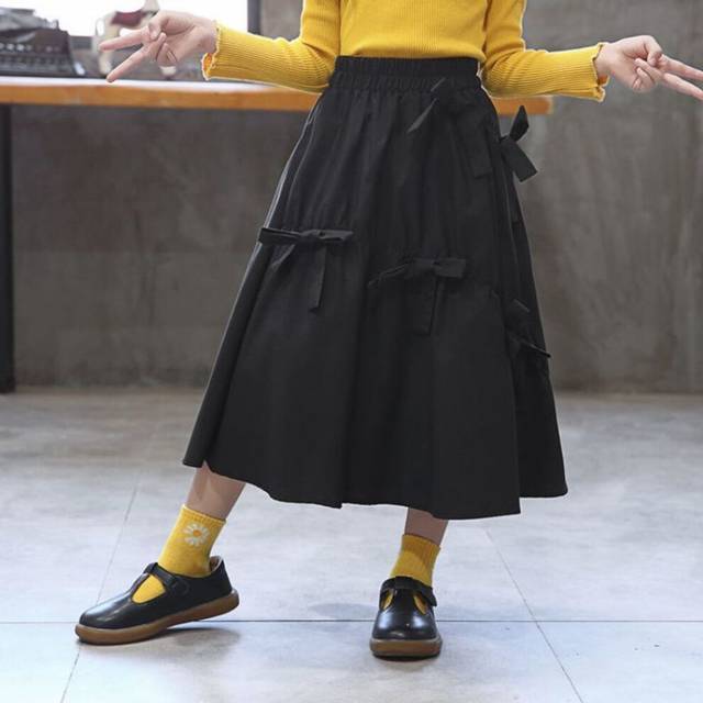 (??Black Bow Skirt??, 120cm) Girls' Spring And Autumn Half-length Skirt College Style Skirt Performance Clothing Korean Version Sweet Princess Skirt M