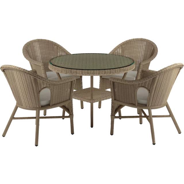 Laura Ashley Carrdale Woven Rattan 4-Seater Round Garden Dining Table & Chairs Set, Barley