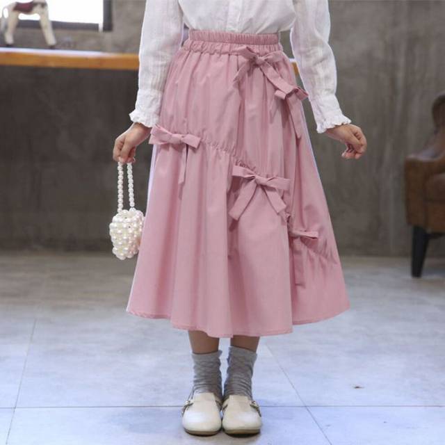 (??Pink Bow Skirt??, 130cm) Girls' Spring And Autumn Half-length Skirt College Style Skirt Performance Clothing Korean Version Sweet Princess Skirt Me