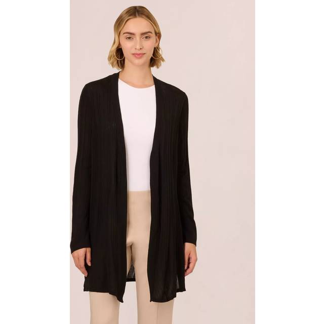 Adrianna Papell V-Neck Vertical Rib Lightweight Duster Cardigan, Black